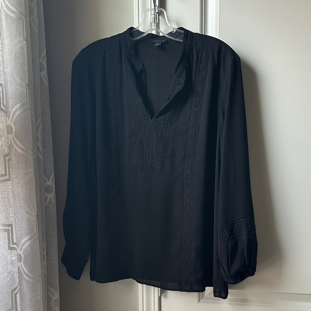 Ann Taylor Black Blouse with Embroidered Details